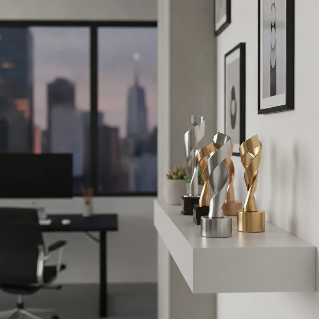 small collection of polished trophies displayed in a