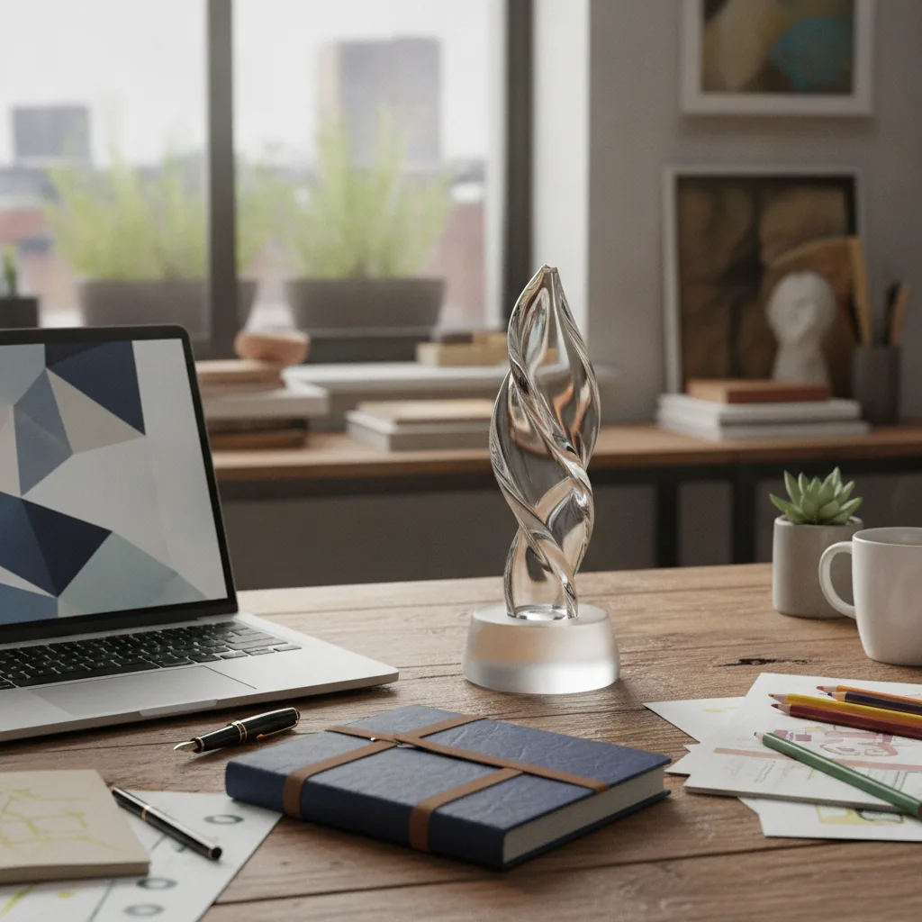 glass recognition award beside a laptop and notebook