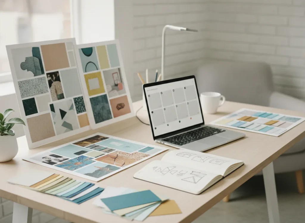 modern marketing workspace with brand mood boards, color