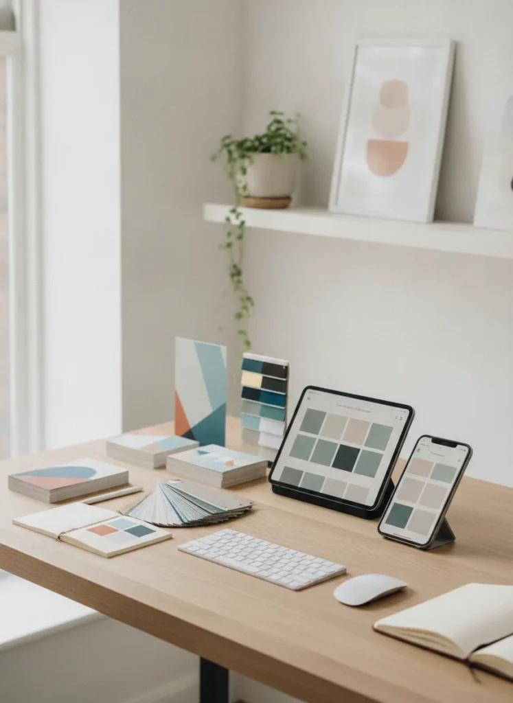 real photo of a designer's workspace with brand