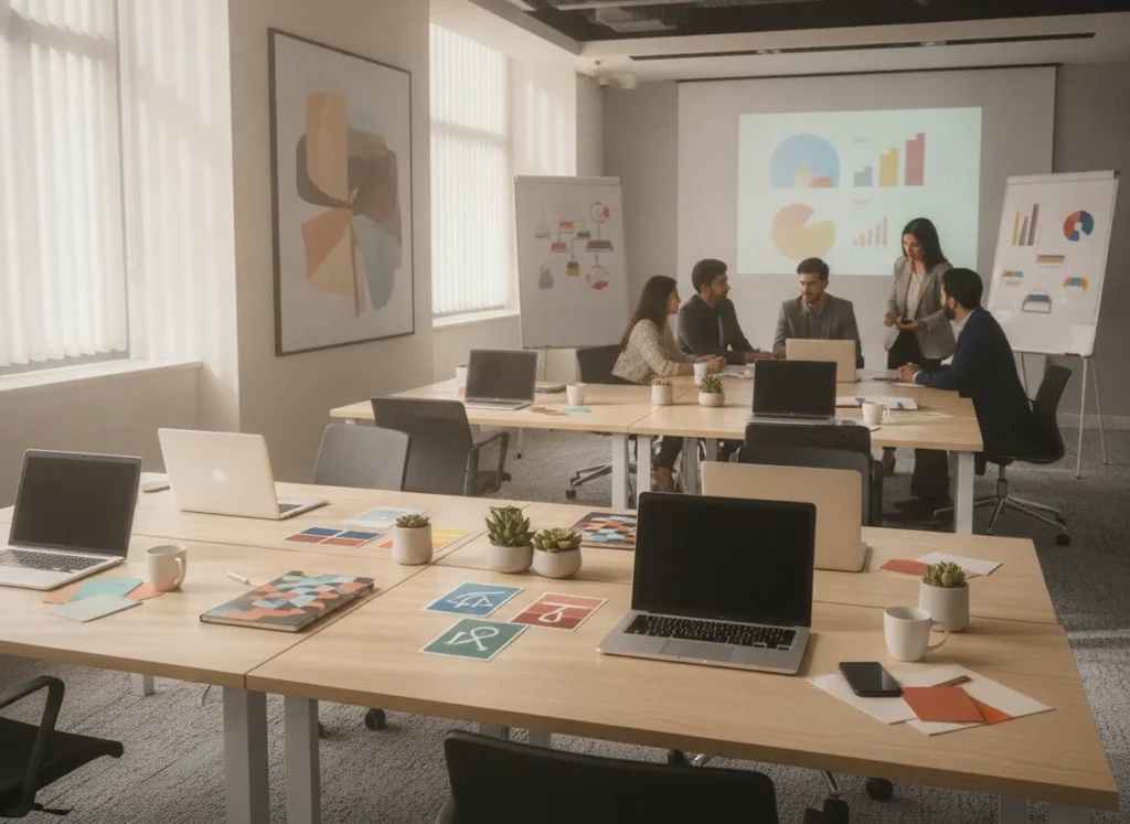 Professional real photo of a modern marketing team