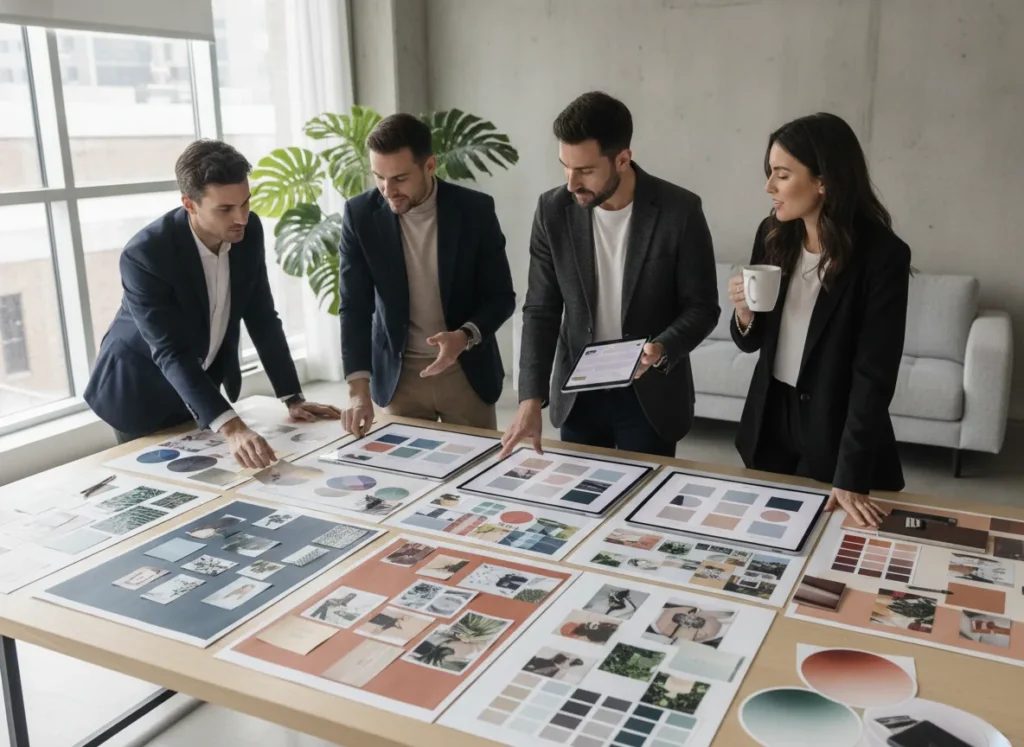 Professional marketing team reviewing brand mood boards, color