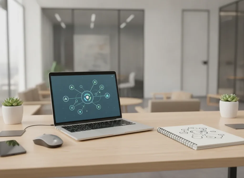 professional customer support workspace with laptop, notebook, and