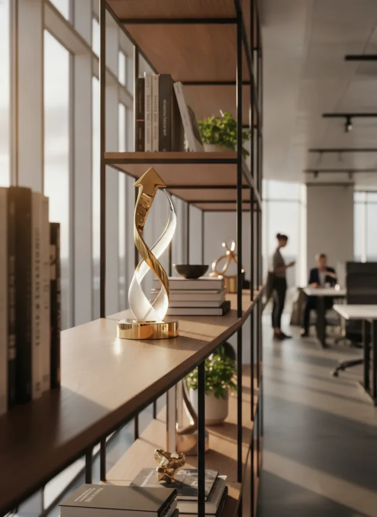 professional award trophy on a modern office shelf,